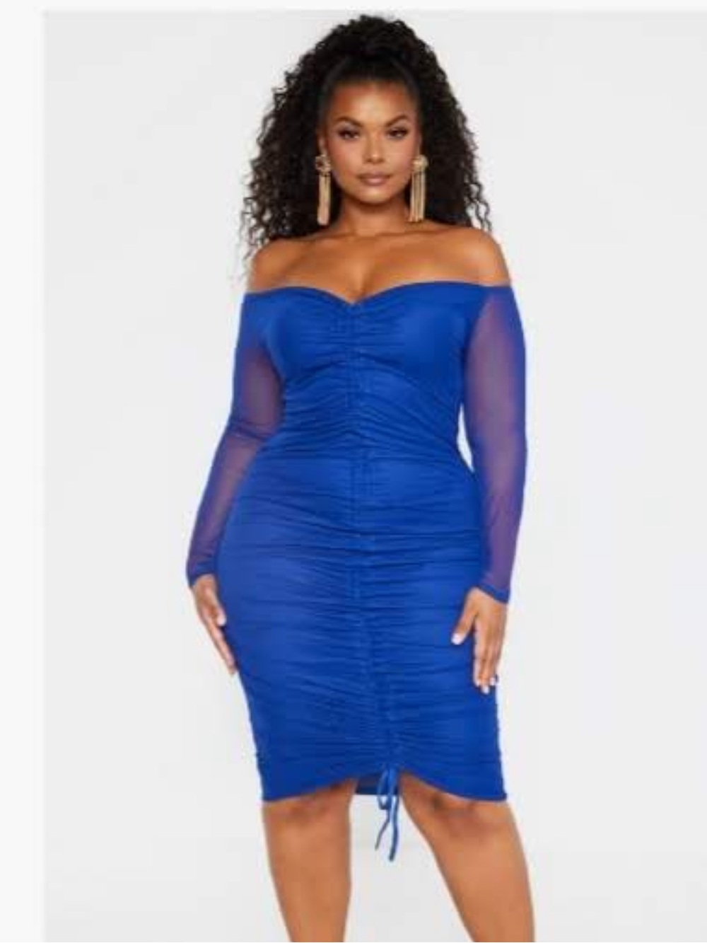Plus Midnight Blue Mesh Ruched Bardot Midi Dress
